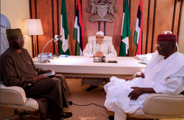 Buhari pictured in his office with COS Abba Kyari and SGF Boss Mustapha