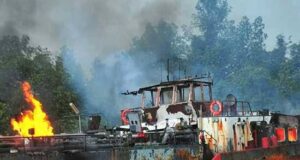 Oil Theft: Navy Destroys Illegal Refineries, Boat Loaded With Stolen Crude In Bayelsa.